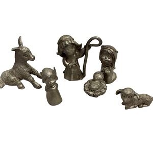 Spooniques Pewter Nativity Scene 6 piece Figures 1982 1984 Shepherd Angel Baby